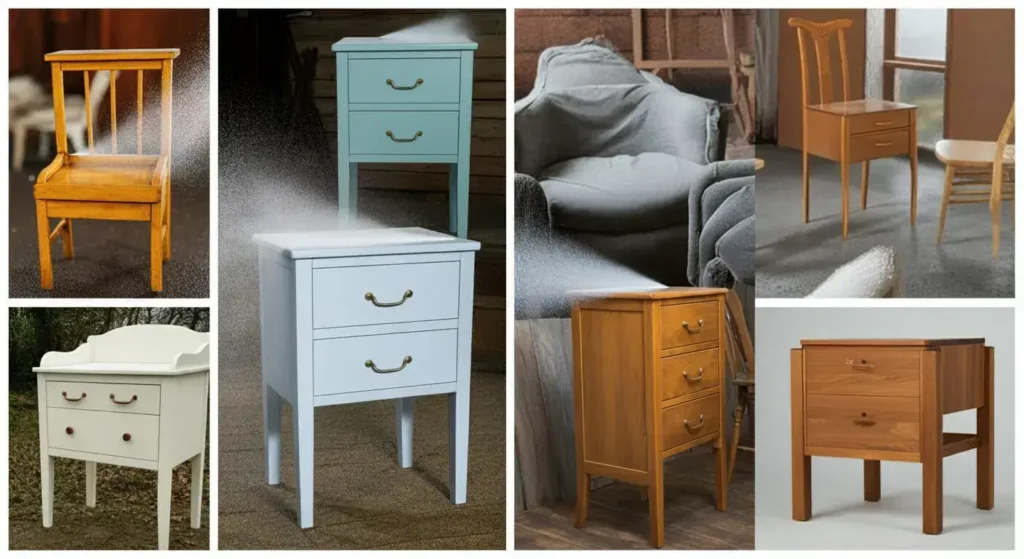 spray painter restoring wooden furniture pieces with smooth painted finishes in a UK home setting