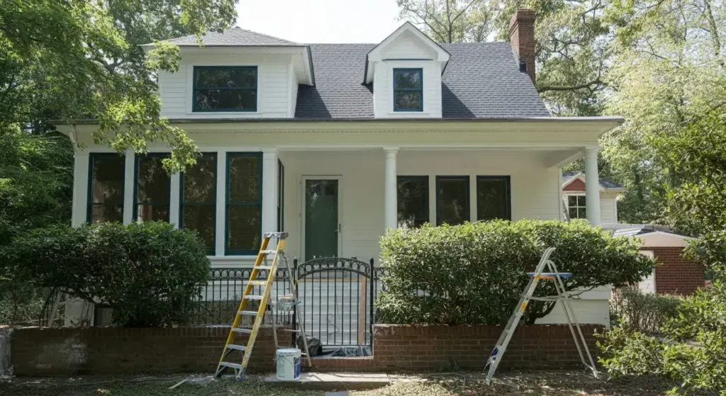 exterior house painters working on a white residential home with ladders and tools set up for exterior painting
