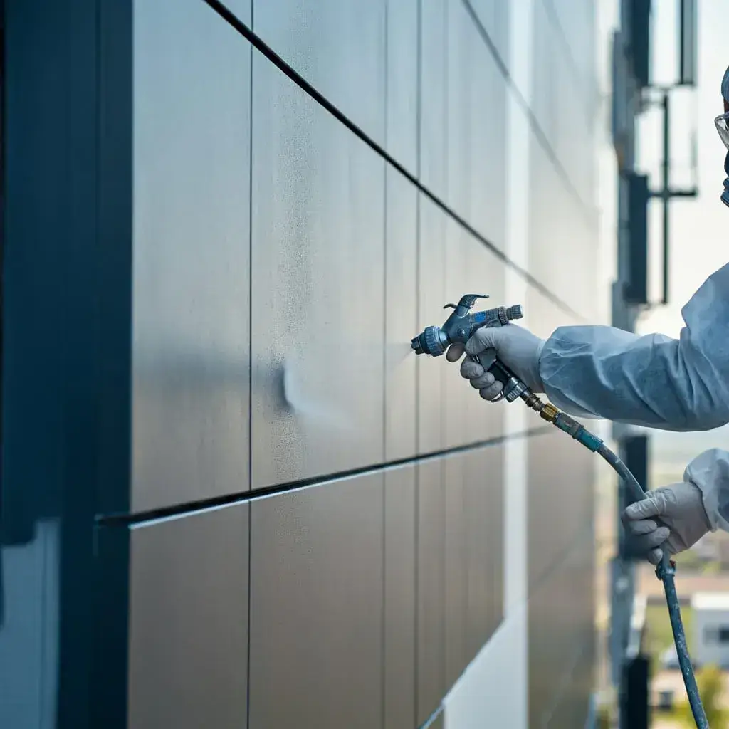 uPVC Spray Painters professionally spray painting a modern building facade using protective gear and precision equipment