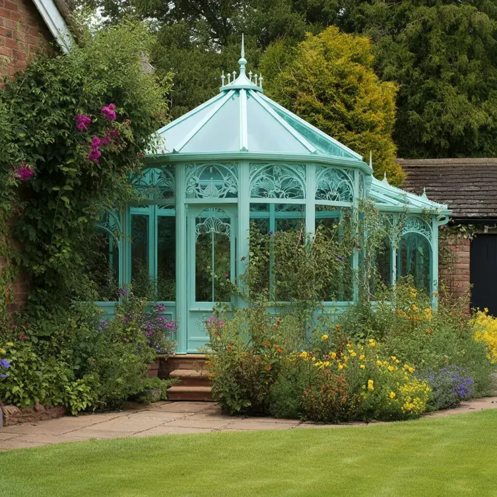 Conservatory Spray Painting on a decorative turquoise conservatory with detailed framework surrounded by a landscaped garden